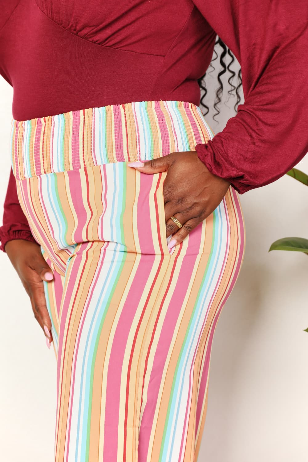 Double Take Striped Smocked Waist Pants with Pockets Double Take Striped Smocked Waist Pants with Pockets - TopFashionHQ
