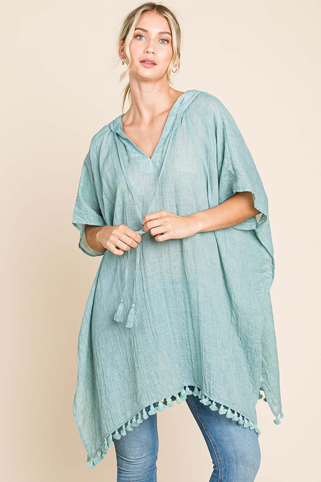 Cotton Bleu by Nu Label Tassel Hem Hooded Cover Up Cotton Bleu by Nu Label Tassel Hem Hooded Cover Up