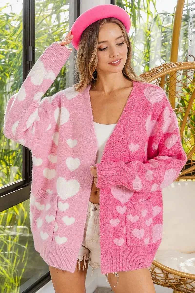 BiBi Heart Color Block V-Beck Knit Cardigan with Pockets BiBi Heart Color Block V-Beck Knit Cardigan with Pockets
