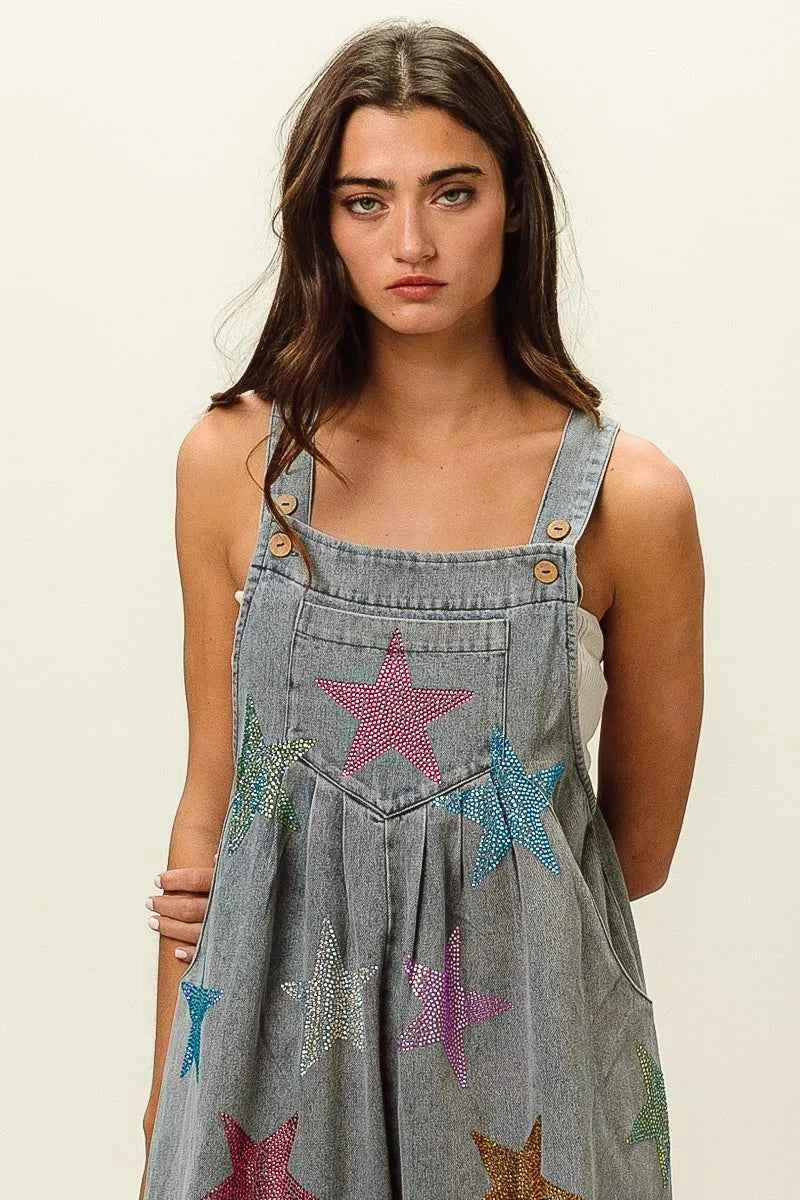 BiBi Star Rhinestone Washed Wide Leg Shortalls BiBi Star Rhinestone Washed Wide Leg Shortalls
