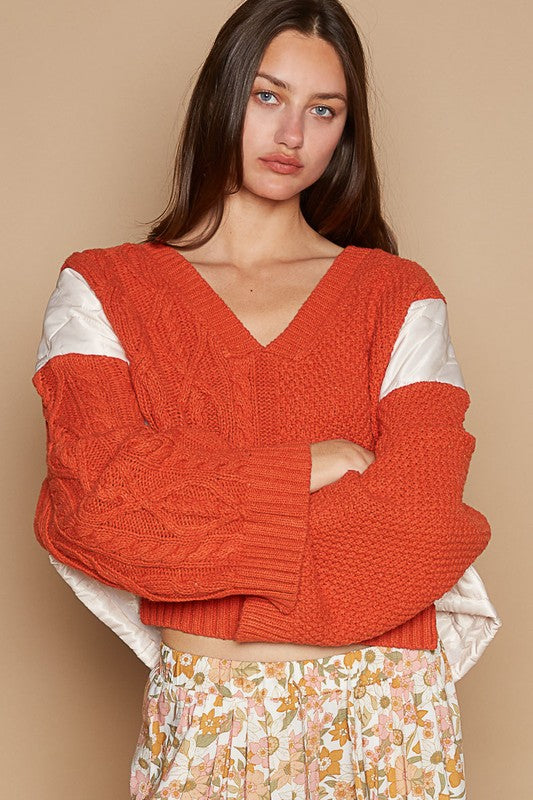 POL Cable Knit Quilting Patch V-Neck Contrast Sweater POL Cable Knit Quilting Patch V-Neck Contrast Sweater - TopFashionHQ