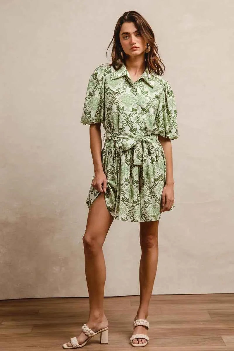 BiBi Tied Floral Short Sleeve Mini Shirt Dress BiBi Tied Floral Short Sleeve Mini Shirt Dress