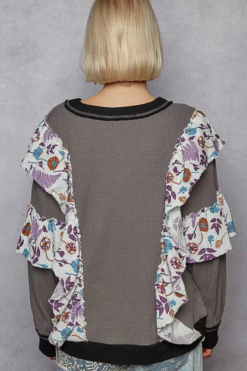 POL Round Neck Sweater with Floral Ruffle Detail POL Round Neck Sweater with Floral Ruffle Detail
