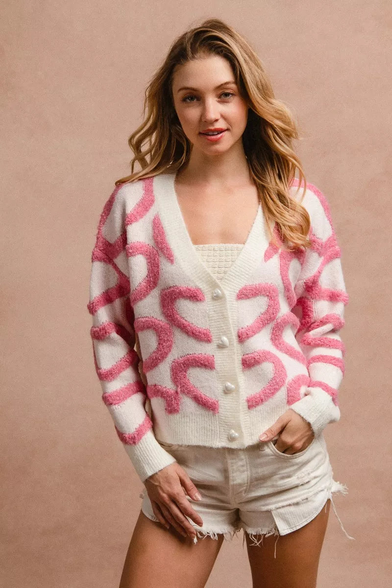 BiBi Textured Heart Buttoned V Neck Cardigan 5612a340c3f84e7888548eea21acc2ab-Max-Origin