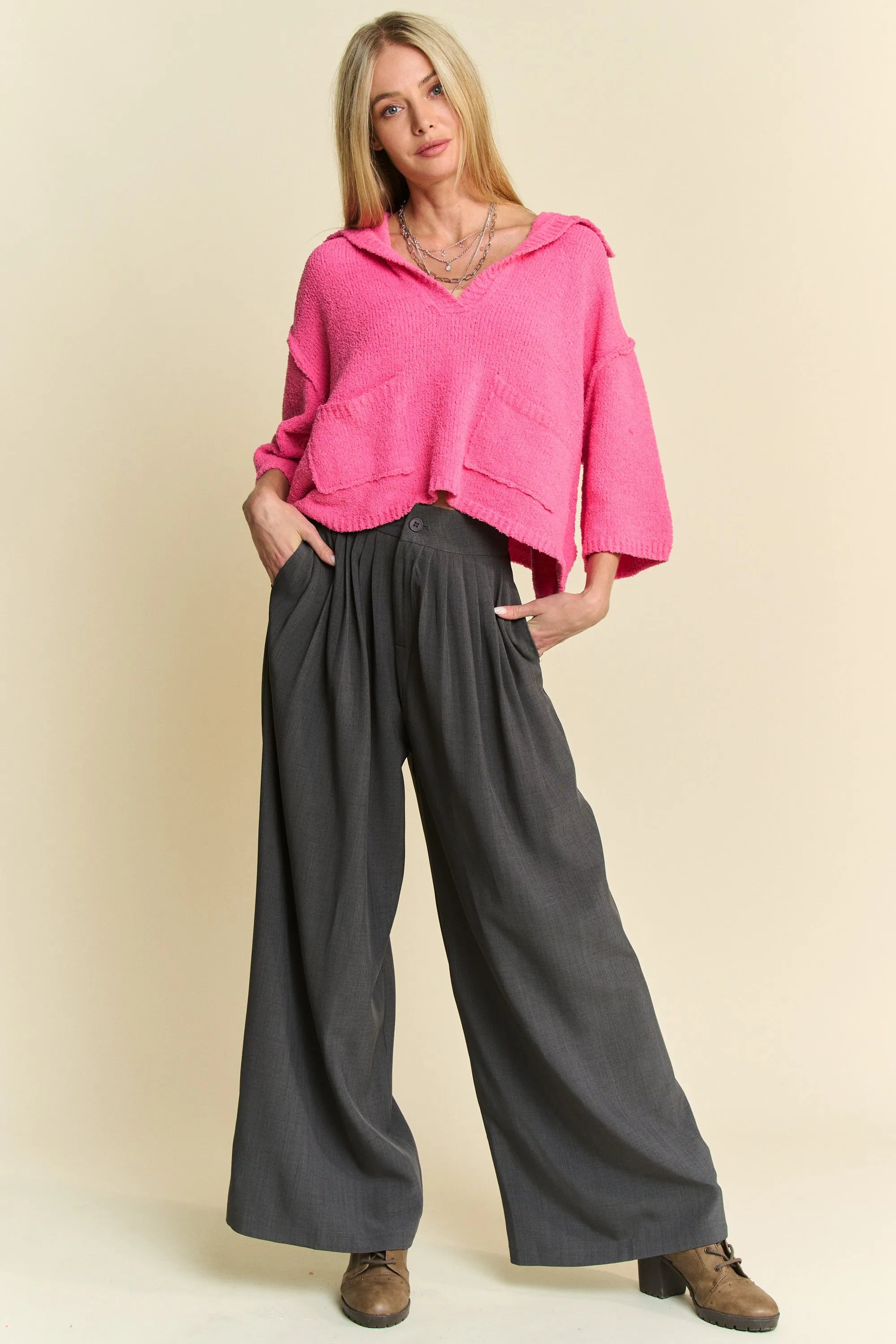 Davi & Dani Solid Back Pocket Shirring Detail Wide Leg Pants 5615fb9a39f14194b7731316c91d9dc0-Max-Origin