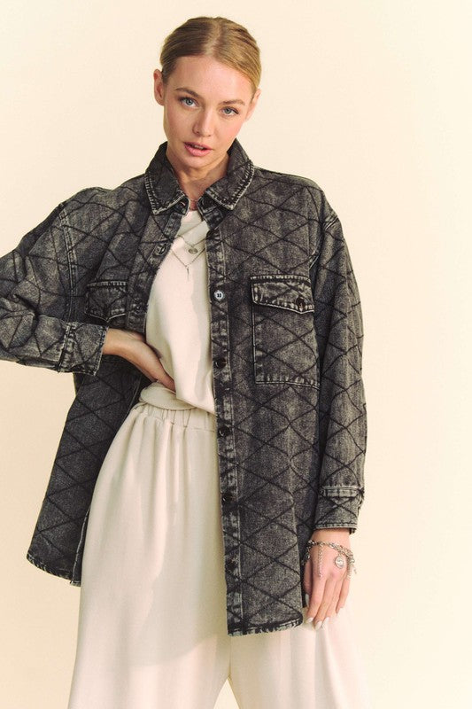 Davi & Dani Curved Hem Diamond Quilted Button Up Denim Shacket Davi & Dani Curved Hem Diamond Quilted Button Up Denim Shacket