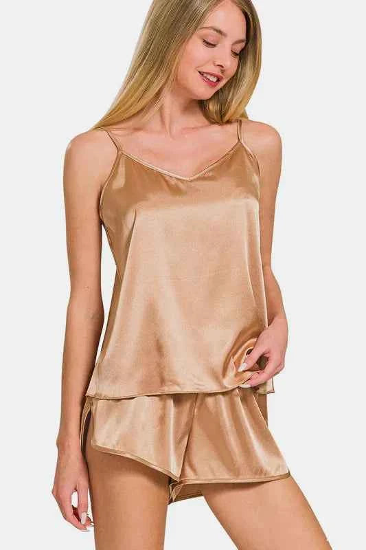 Zenana V-Neck Satin Cami and Elastic Waist Shorts Lounge Set Zenana V-Neck Satin Cami and Elastic Waist Shorts Lounge Set