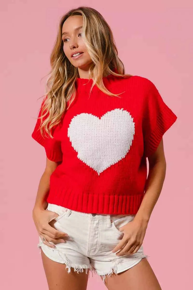 BiBi Rib Banded Heart Pattern Valentines Sweater BiBi Rib Banded Heart Pattern Valentines Sweater