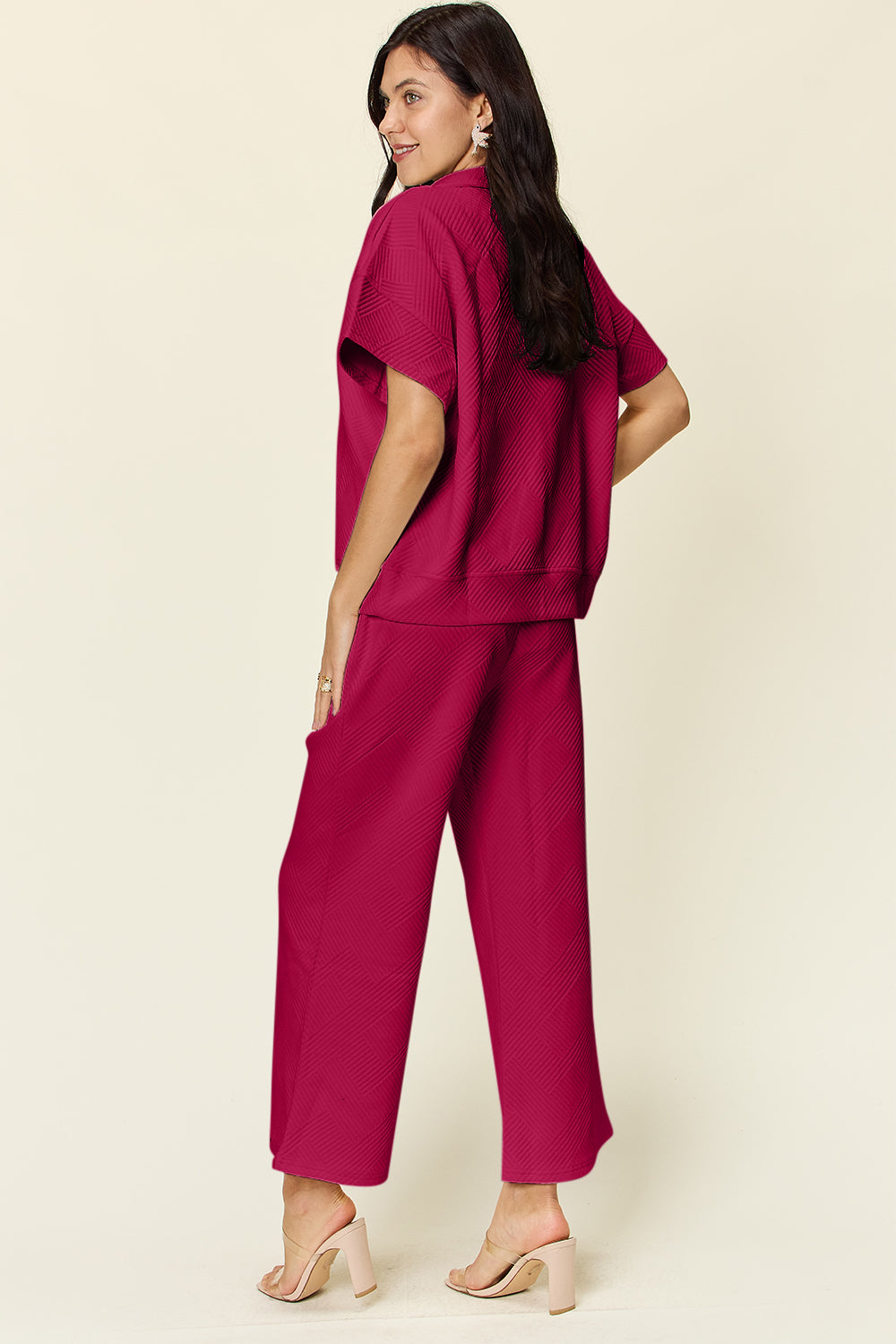 Double Take Full Size Texture Half Zip Short Sleeve Top and Pants Set Double Take Full Size Texture Half Zip Short Sleeve Top and Pants Set