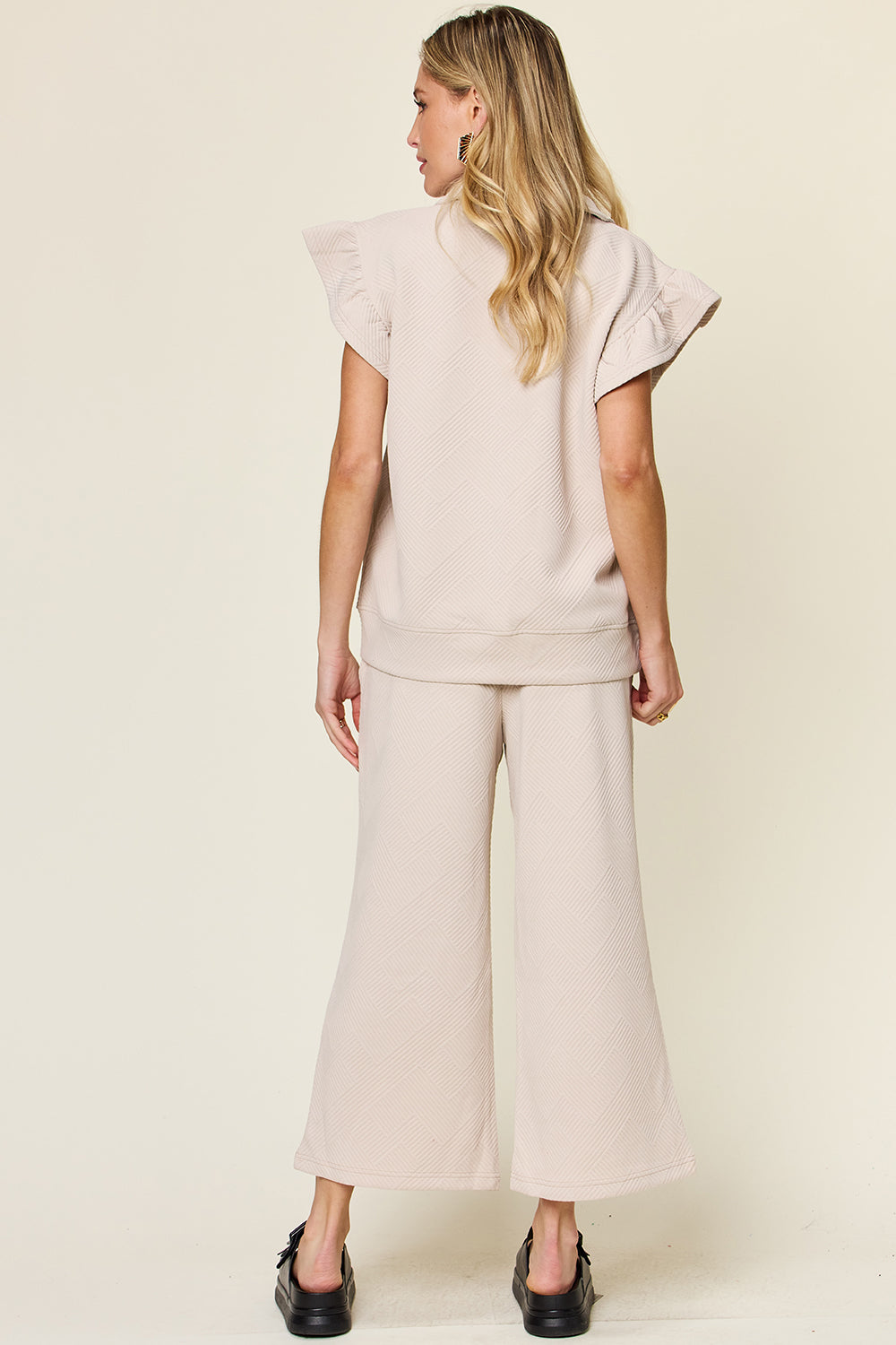 Double Take Texture Ruffle Short Sleeve Top and Drawstring Wide Leg Pants Set Double Take Texture Ruffle Short Sleeve Top and Drawstring Wide Leg Pants Set