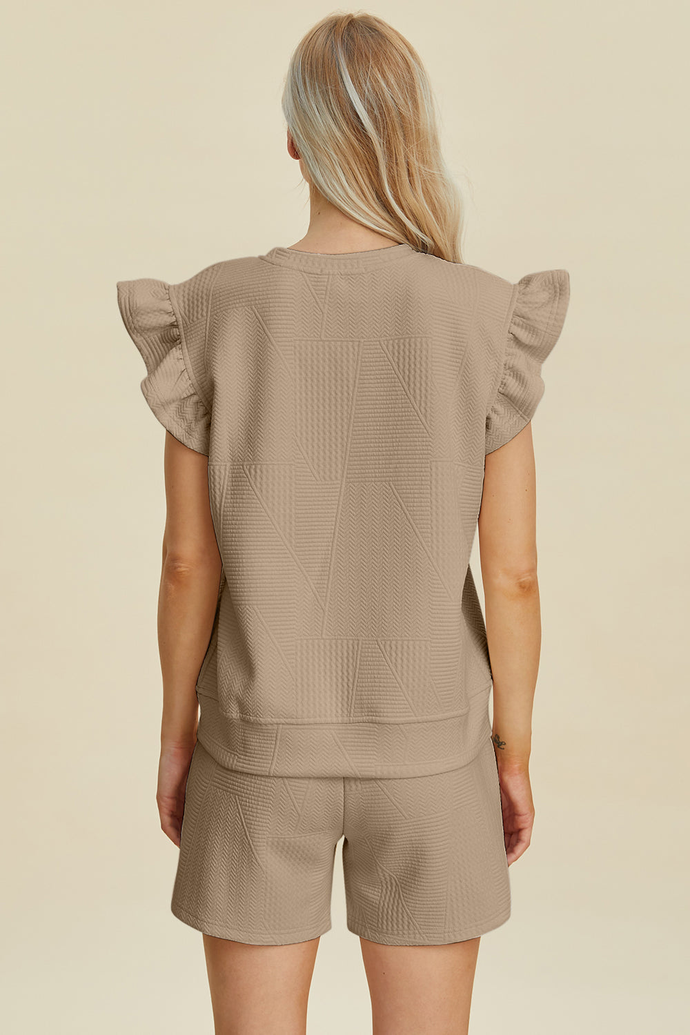 Double Take Full Size Texture Round Neck Ruffle Sleeve Top and Shorts Set Double Take Full Size Texture Round Neck Ruffle Sleeve Top and Shorts Set