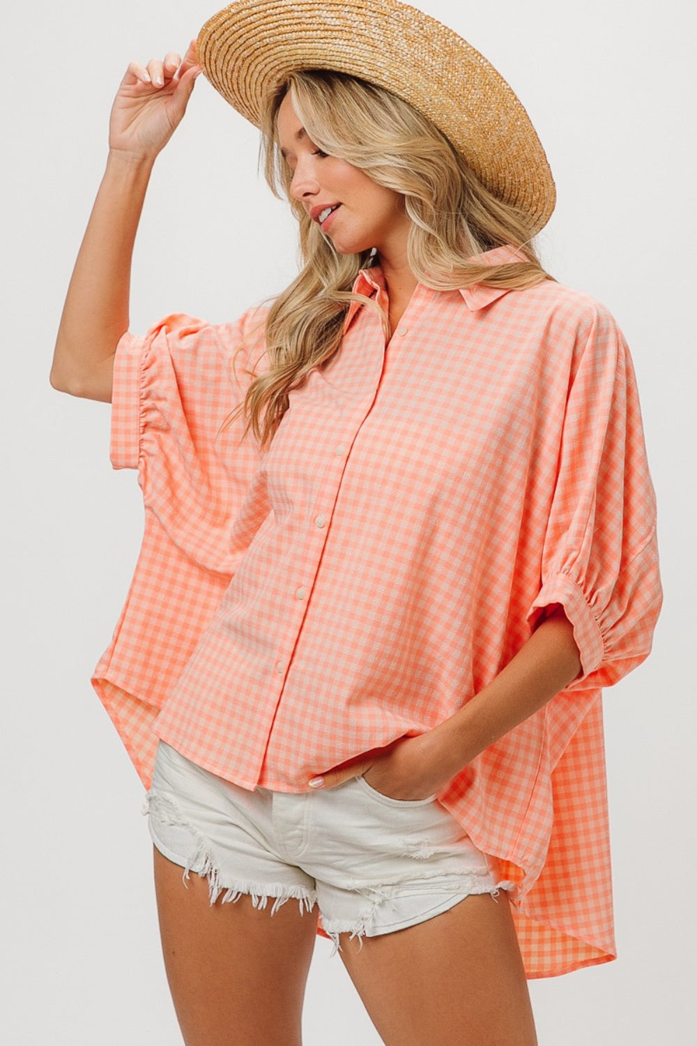 BiBi Plaid Button Up Dolman Sleeve Shirt BiBi Plaid Button Up Dolman Sleeve Shirt - TopFashionHQ