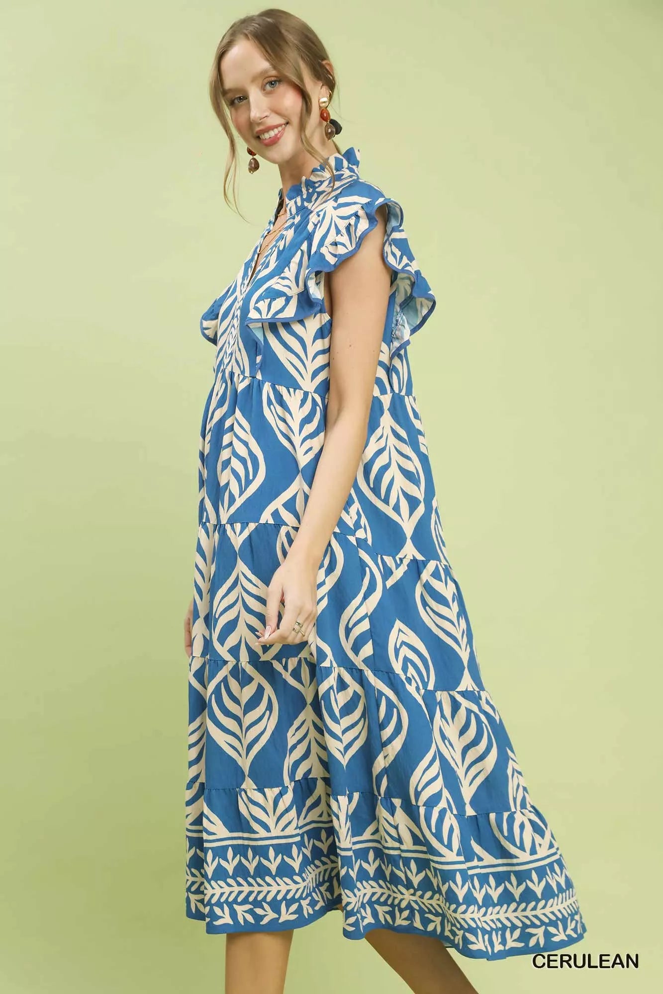 Umgee Leaf Print Tiered Midi Dress with Pockets 5713115d-fc67-4691-b5b6-def34bbd2b15-Max-Origin