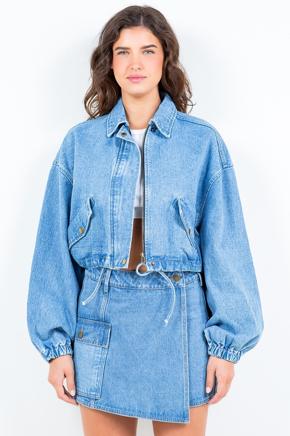 American Bazi Drawstring Waist Crop Denim Jacket American Bazi Drawstring Waist Crop Denim Jacket
