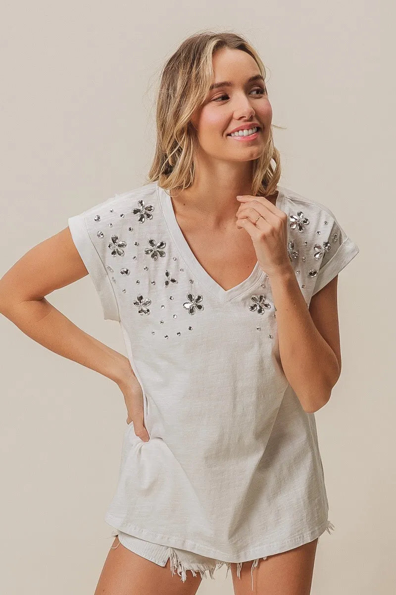 BiBi Slub Jersey Rhinestone V Neck Top 5727b09bb2af47f38017b0affc485810-Max-Origin