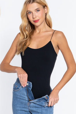 ACTIVE BASIC Ribbed Round Neck Seamless Cami Bodysuit - TopFashionHQ