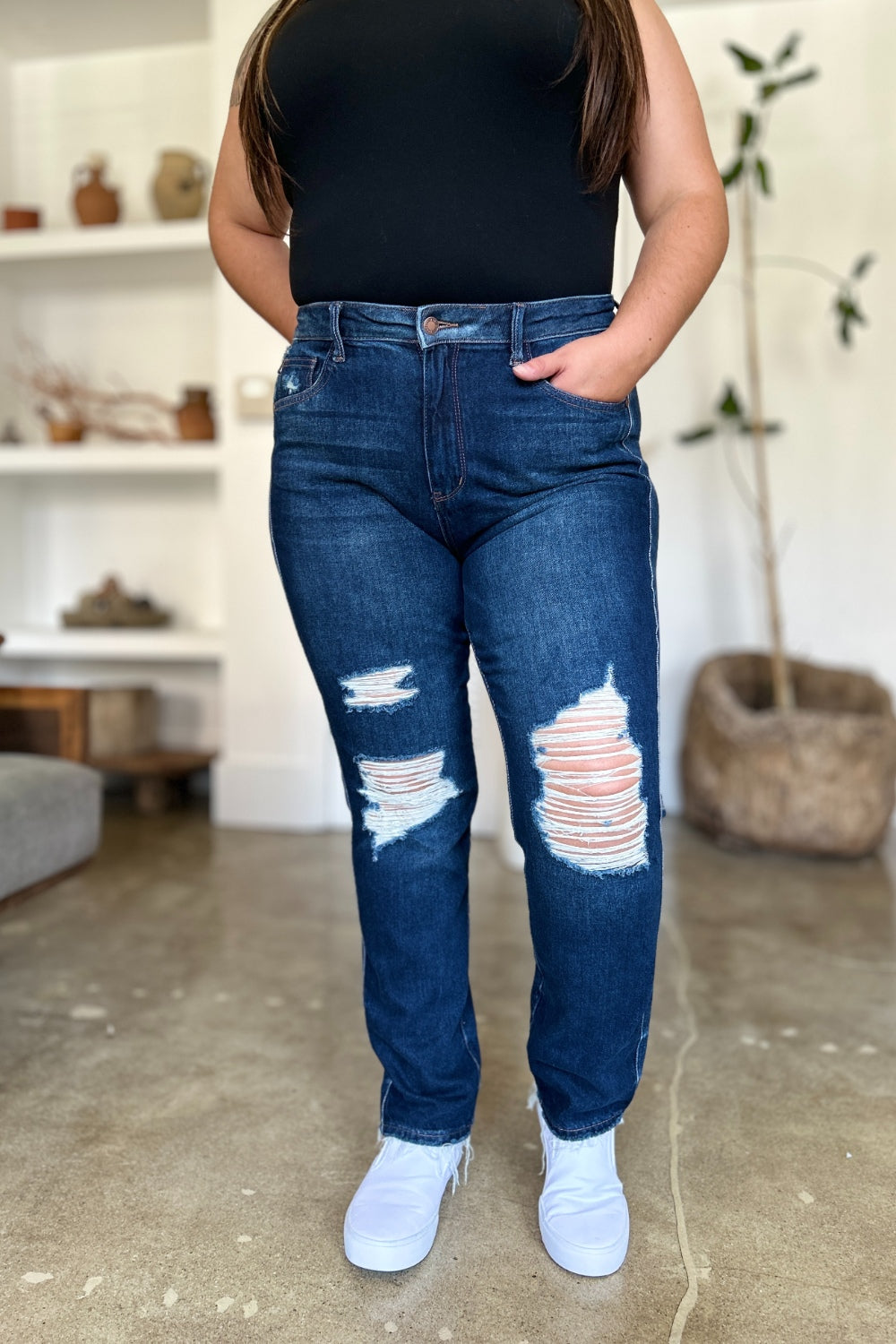 Judy Blue Full Size High Waist Rigid Magic Heavy Destroy Straight Jeans Judy Blue Full Size High Waist Rigid Magic Heavy Destroy Straight Jeans - TopFashionHQ