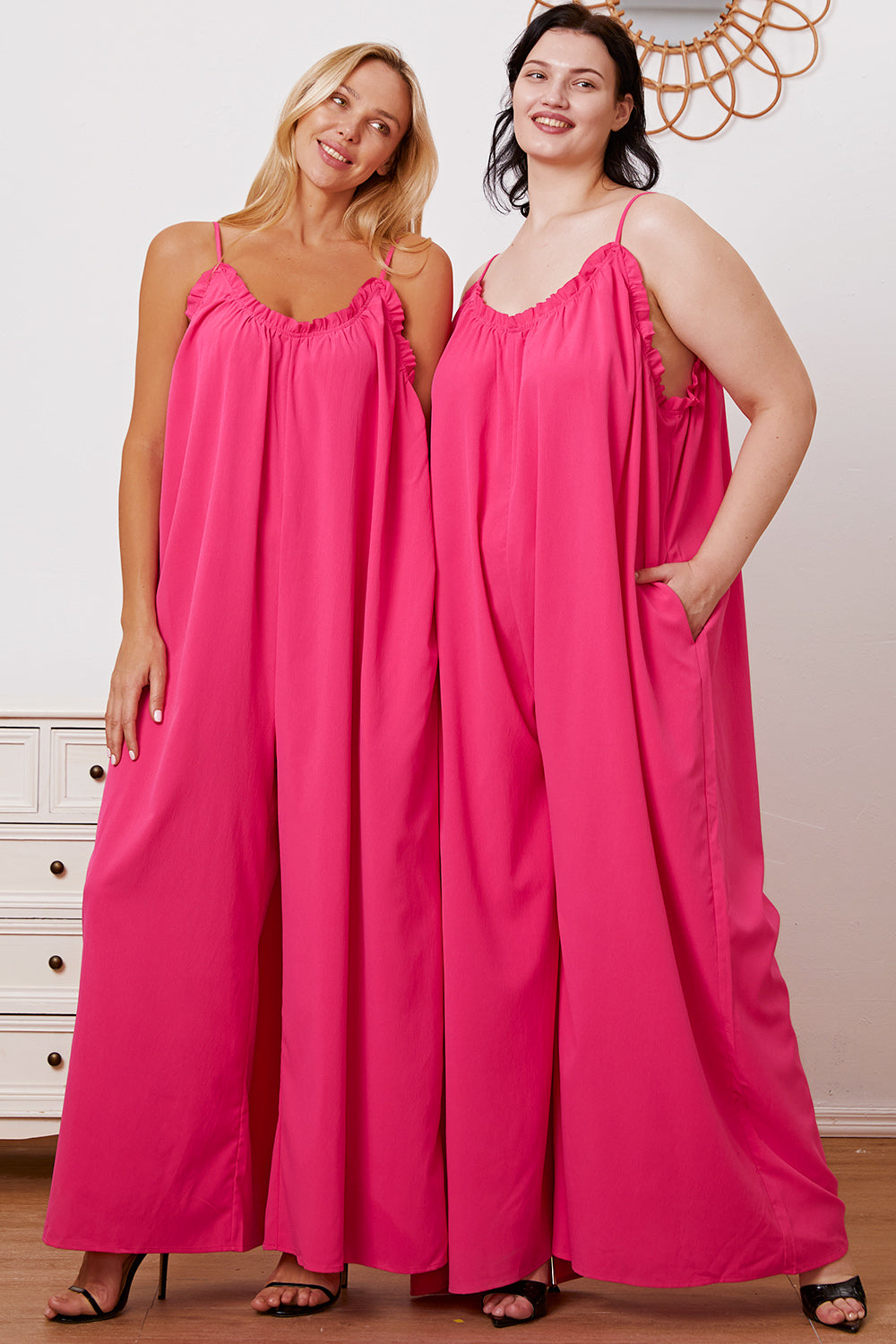 Double Take Full Size Ruffle Trim Tie Back Cami Jumpsuit with Pockets Double Take Full Size Ruffle Trim Tie Back Cami Jumpsuit with Pockets - TopFashionHQ