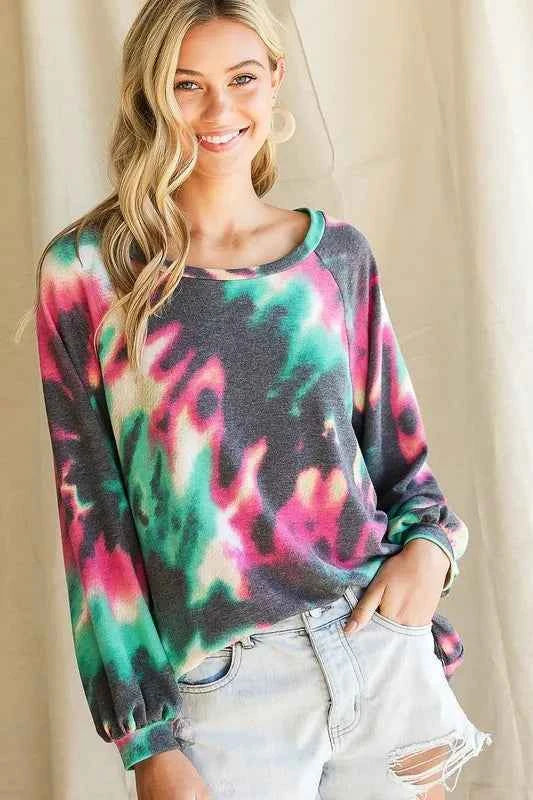 BiBi Tie Dye Print Terry Top with Puff Sleeves BiBi Tie Dye Print Terry Top with Puff Sleeves