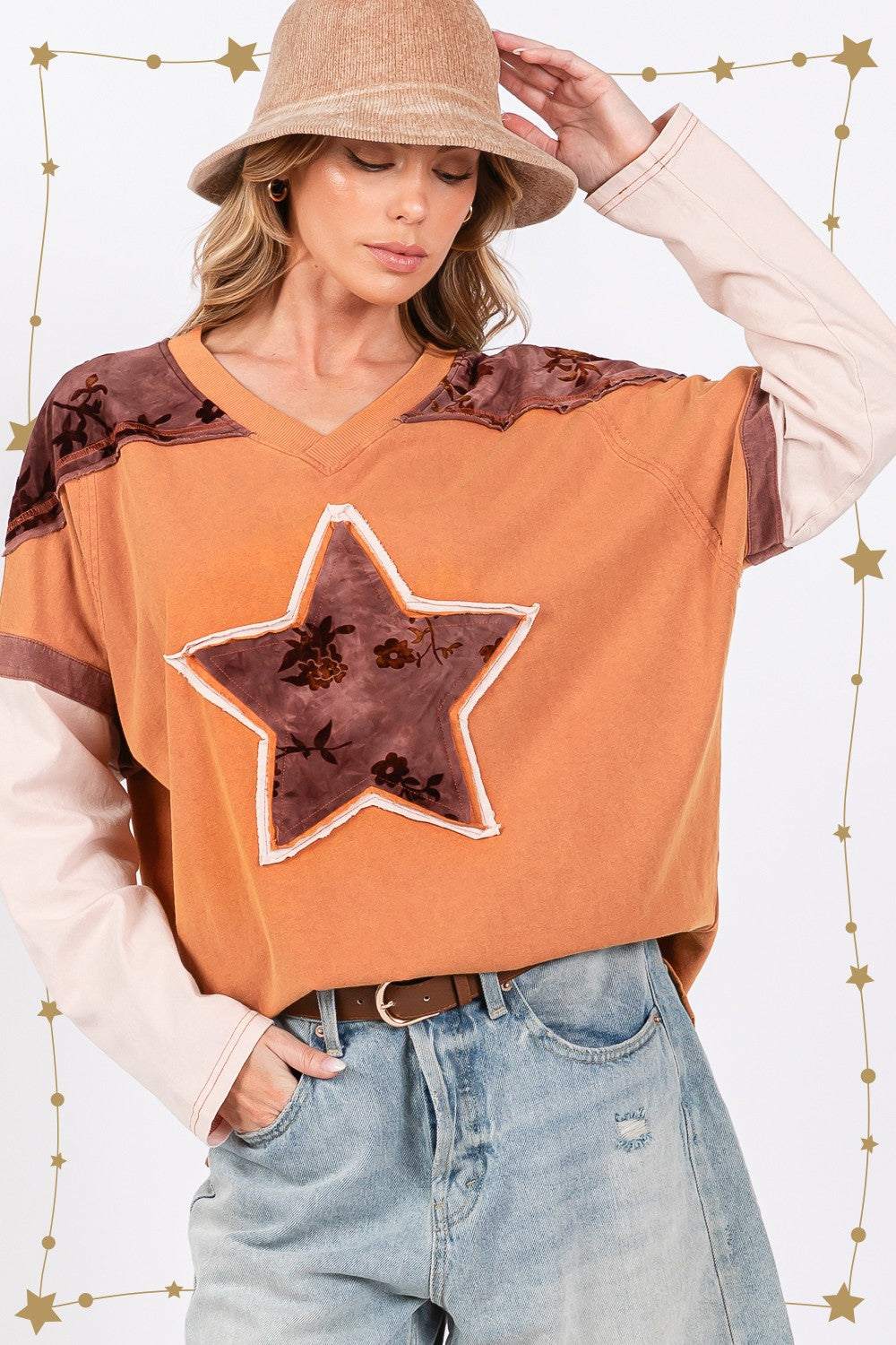 SAGE + FIG Star Patch Long Sleeve Color Block T-Shirt SAGE + FIG Star Patch Long Sleeve Color Block T-Shirt - TopFashionHQ