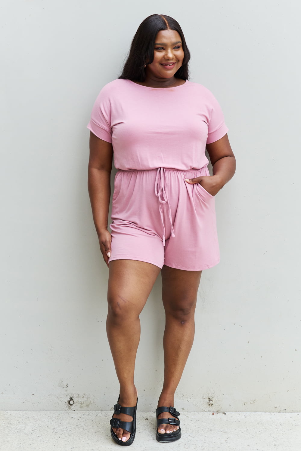 Zenana Chilled Out Full Size Short Sleeve Romper in Light Carnation Pink Zenana Chilled Out Full Size Short Sleeve Romper in Light Carnation Pink - TopFashionHQ