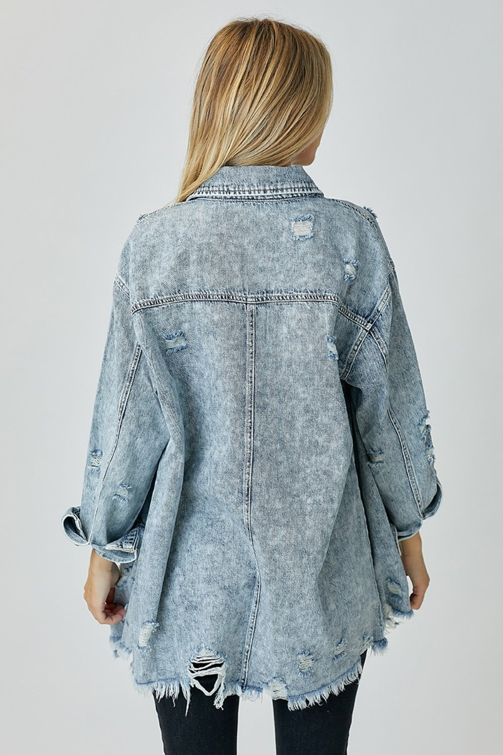 RISEN Distressed Raw Hem Denim Shirt RISEN Distressed Raw Hem Denim Shirt