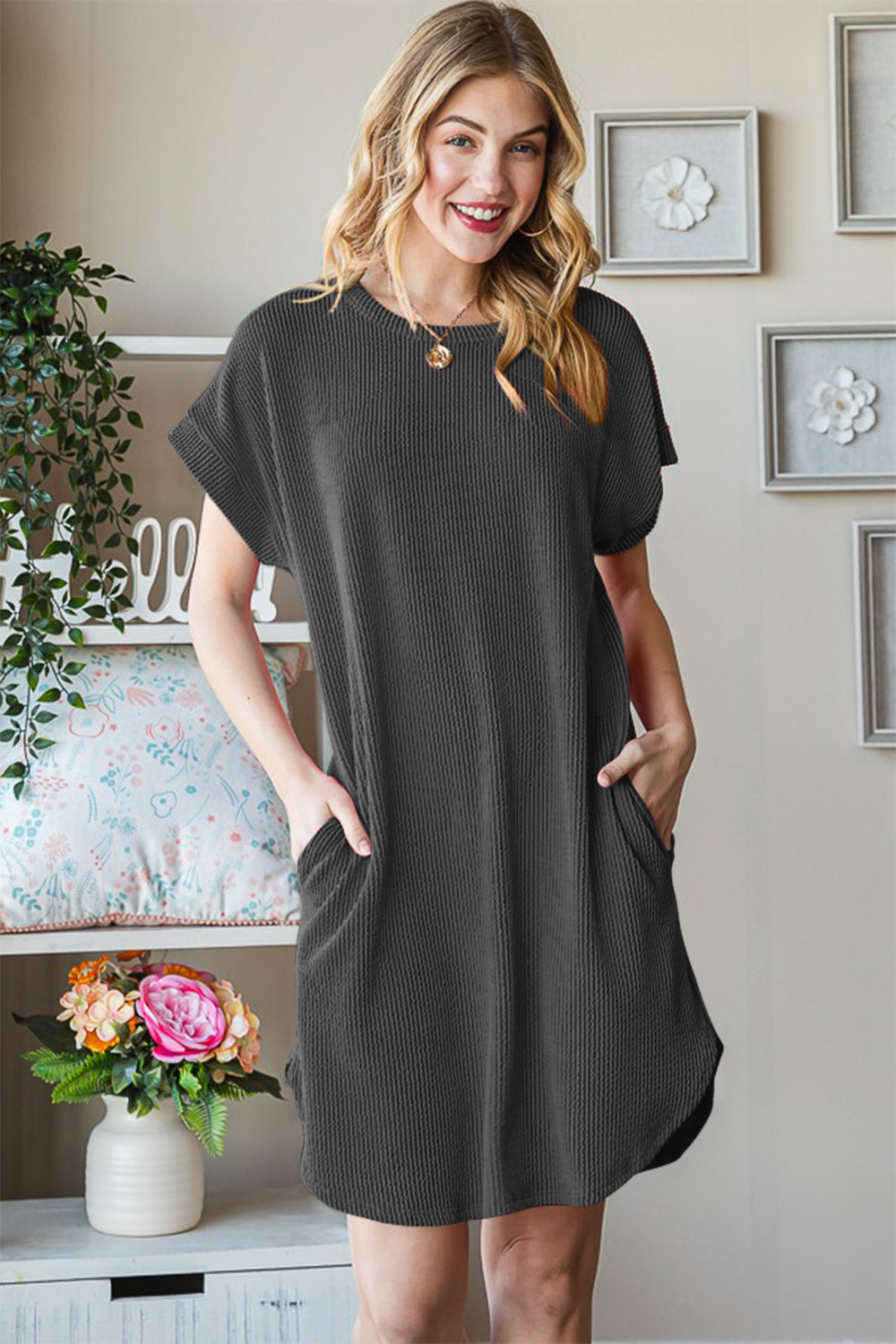 Heimish Full Size Ribbed Round Neck Short Sleeve Tee Dress Heimish Full Size Ribbed Round Neck Short Sleeve Tee Dress - TopFashionHQ