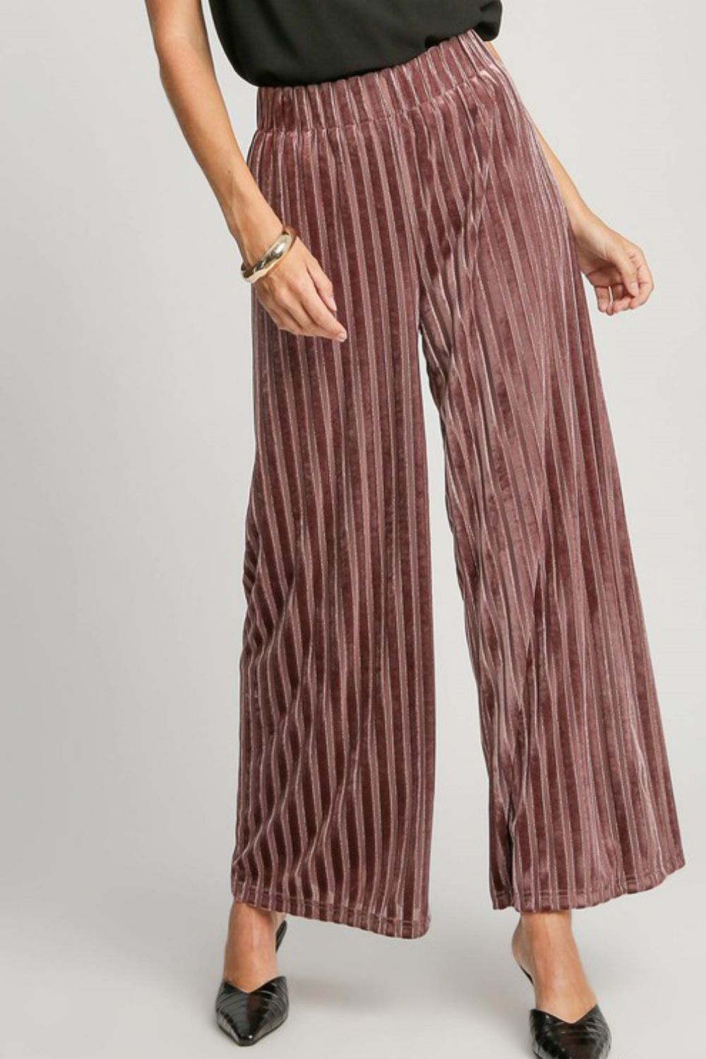 Umgee Full Size Elastic Waist Striped Wide Leg Velvet Pants Umgee Full Size Elastic Waist Striped Wide Leg Velvet Pants - TopFashionHQ