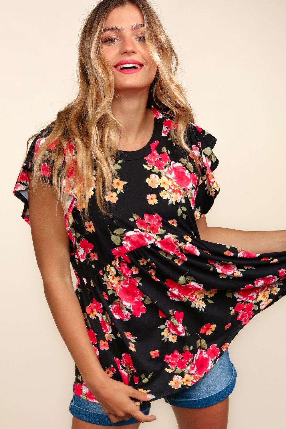 Haptics Floral Ruffle Short Sleeve Babydoll Top Haptics Floral Ruffle Short Sleeve Babydoll Top - TopFashionHQ