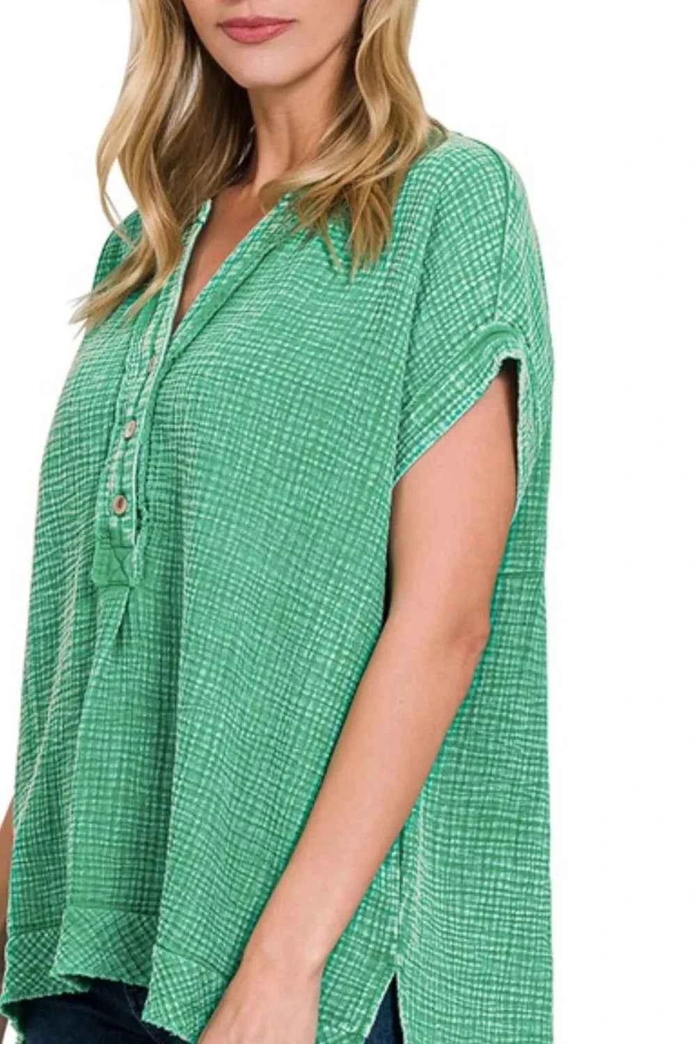 Zenana Washed Double Gauze 3/4 Button Henley Neck Shirt Zenana Washed Double Gauze 3/4 Button Henley Neck Shirt