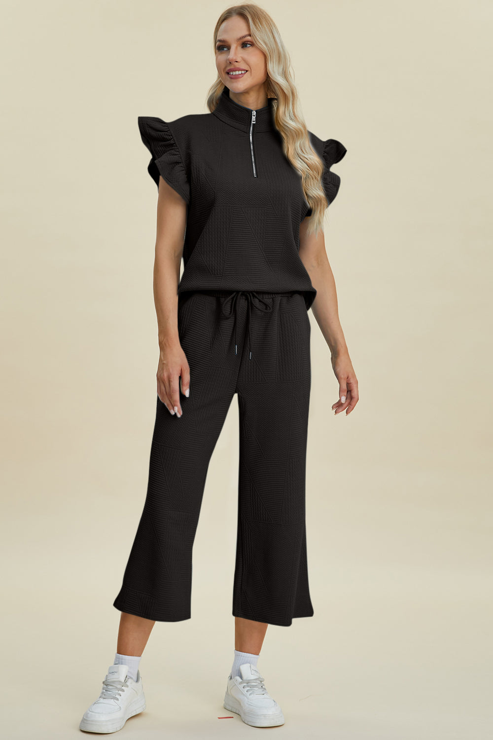 Double Take Full Size Texture Ruffle Short Sleeve Top and Wide Leg Pants Set Double Take Full Size Texture Ruffle Short Sleeve Top and Wide Leg Pants Set