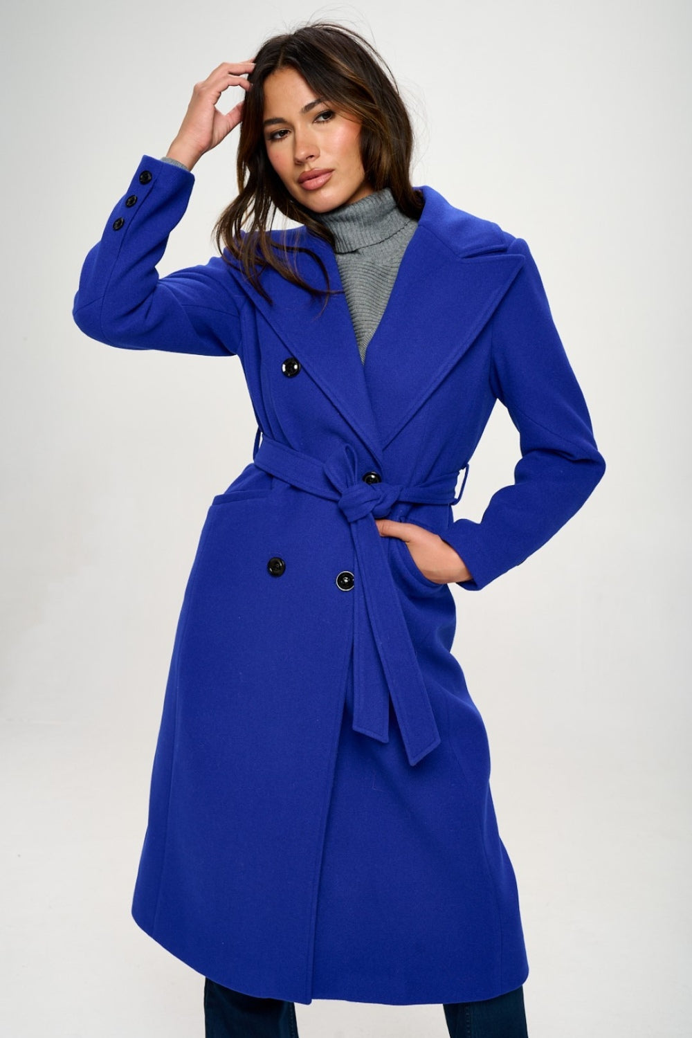 Coalition LA Double-Breasted Longline Coat with Belt Coalition LA Double-Breasted Longline Coat with Belt - TopFashionHQ