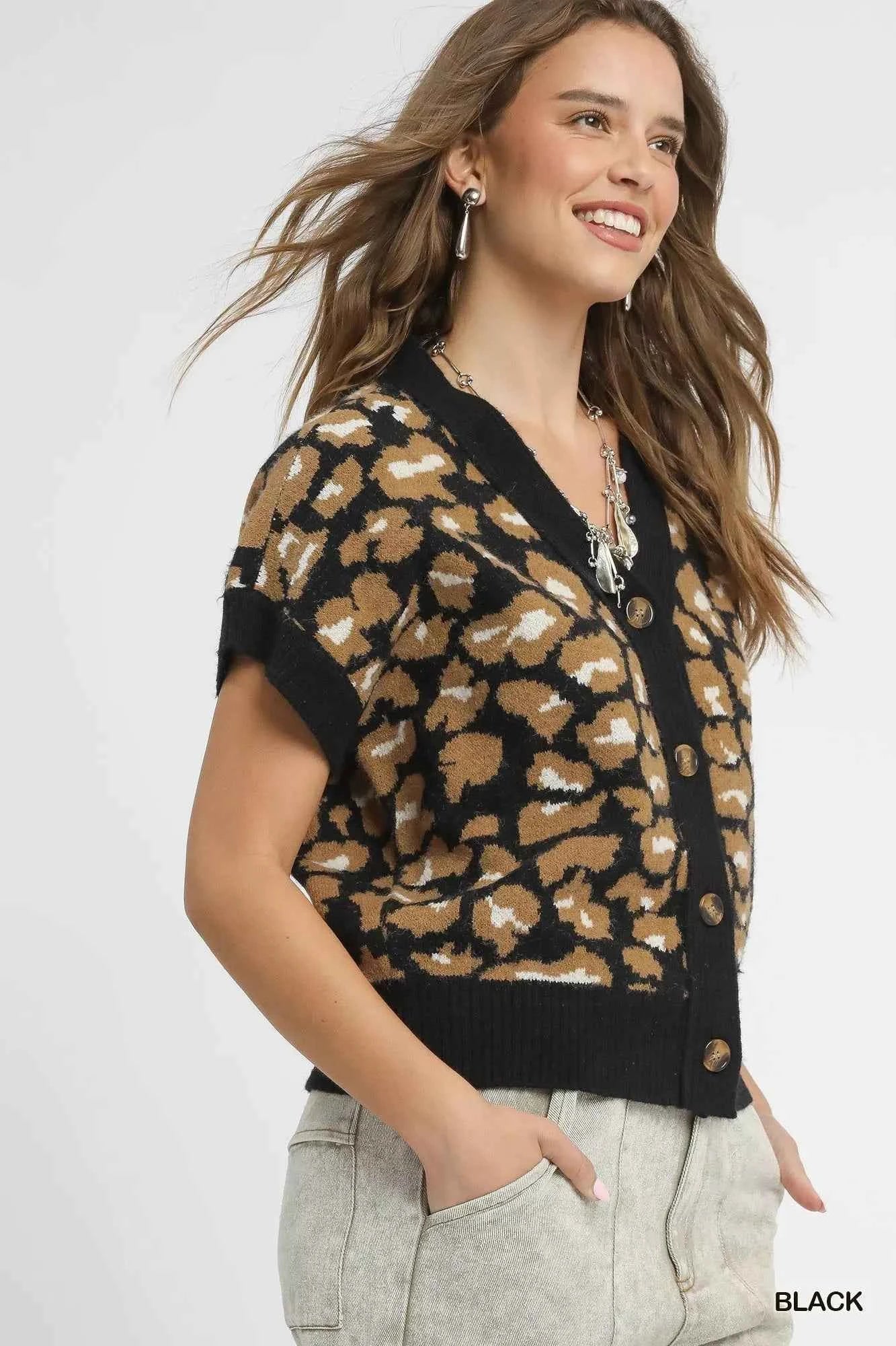Umgee Leopard Button Down Short Sleeve Cardigan Umgee Leopard Button Down Short Sleeve Cardigan