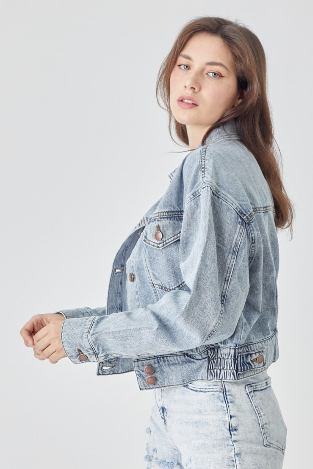 RISEN Full Size Button Down Cropped Denim Jacket RISEN Full Size Button Down Cropped Denim Jacket - TopFashionHQ