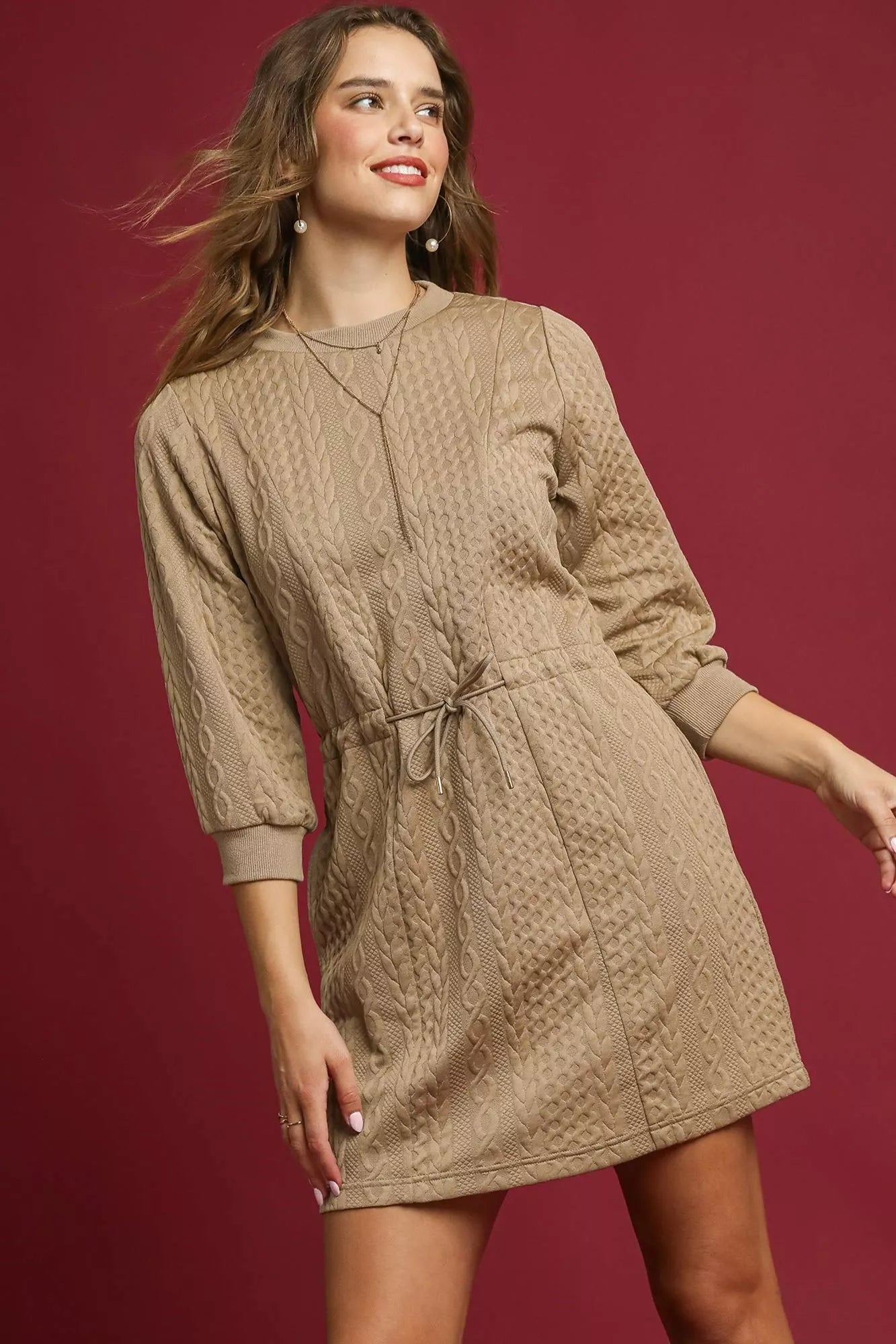 Umgee Drawstring Cable Knit Mini Dress with Pockets 5855a1ed-e682-4fcf-95bd-52a2d0a9aba9-Max-Origin