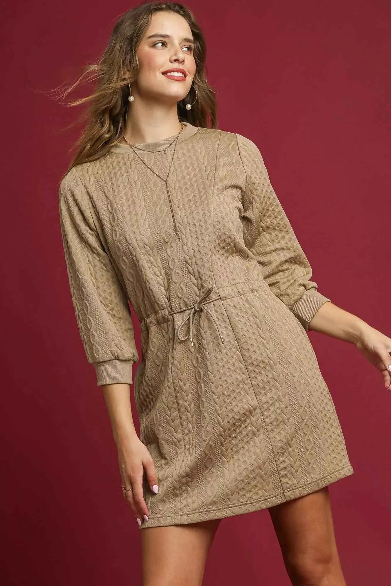 Umgee Drawstring Cable Knit Mini Dress with Pockets Umgee Drawstring Cable Knit Mini Dress with Pockets