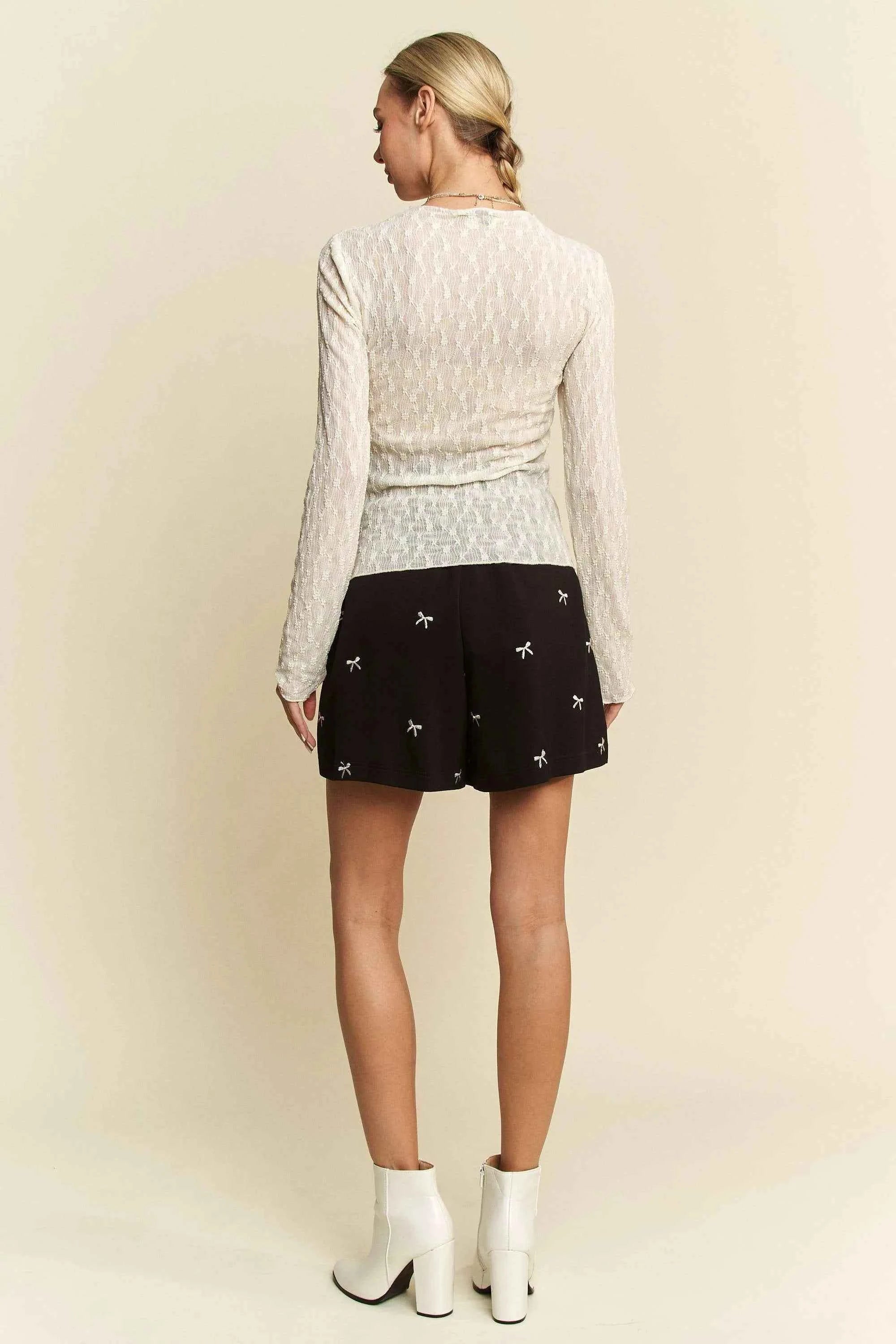 Davi & Dani Long Sleeve Sheer Small Embroidered Bows Lace Top Davi & Dani Long Sleeve Sheer Small Embroidered Bows Lace Top