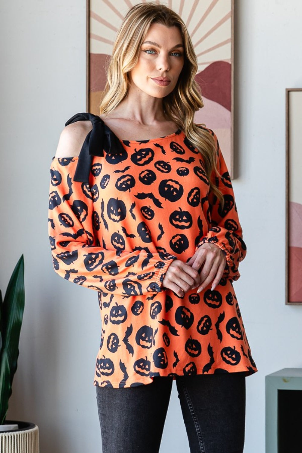 Heimish Pumpkin Print One Shoulder T-Shirt Heimish Pumpkin Print One Shoulder T-Shirt - TopFashionHQ
