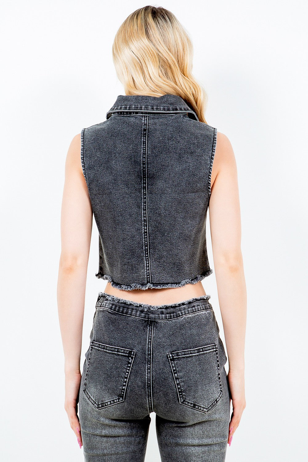 American Bazi Zip Up Washed Crop Denim Vest American Bazi Zip Up Washed Crop Denim Vest