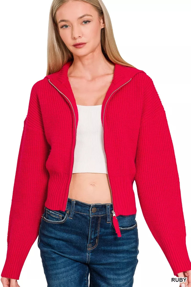 Zenana Ribbed Collared Zip Up Sweater Cardigan 58c55a53b13f4dcda6841bd0af5cb644-Max-Origin