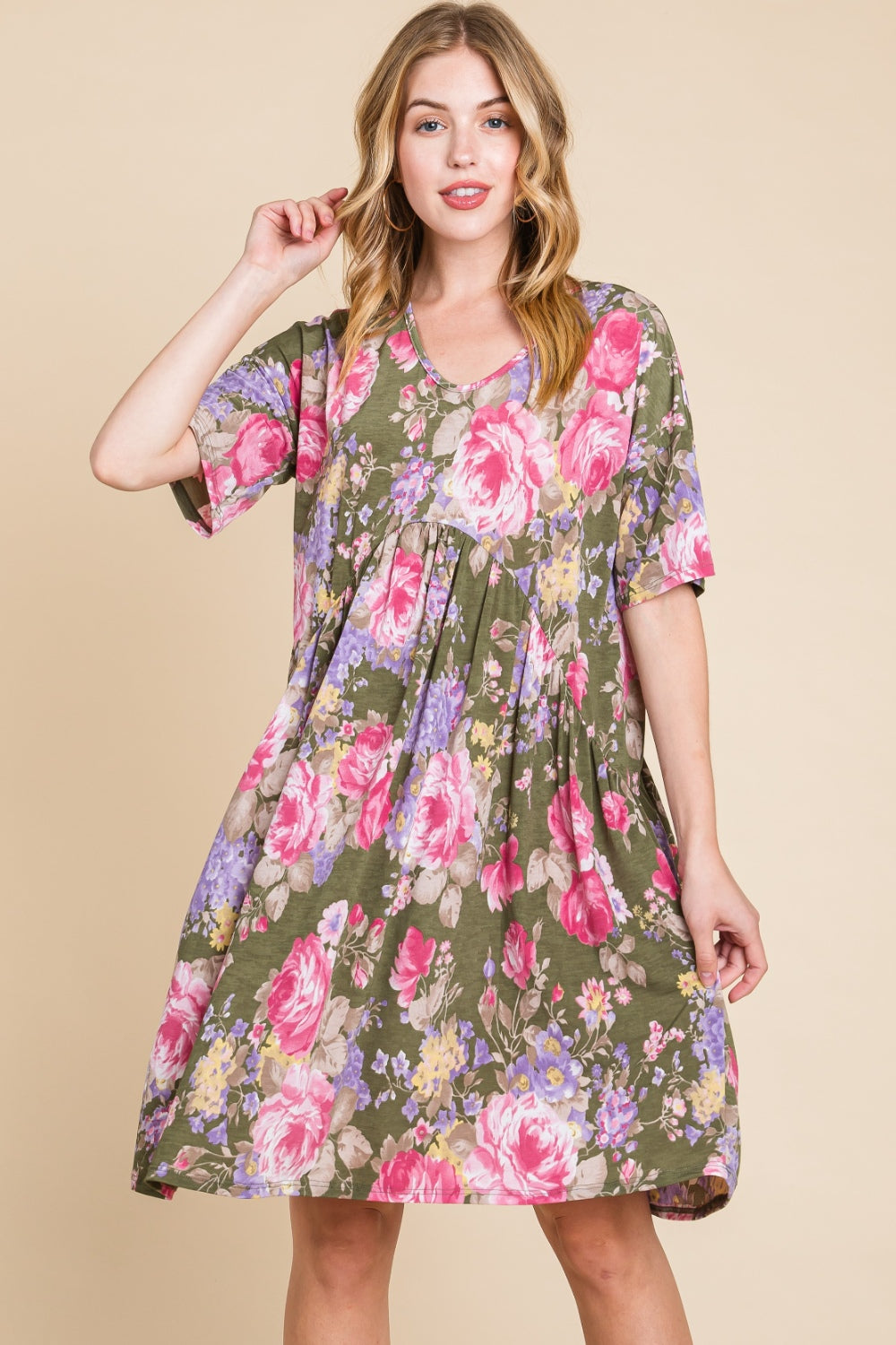 BOMBOM Flower Print V-Neck Ruched Dress BOMBOM Flower Print V-Neck Ruched Dress - TopFashionHQ