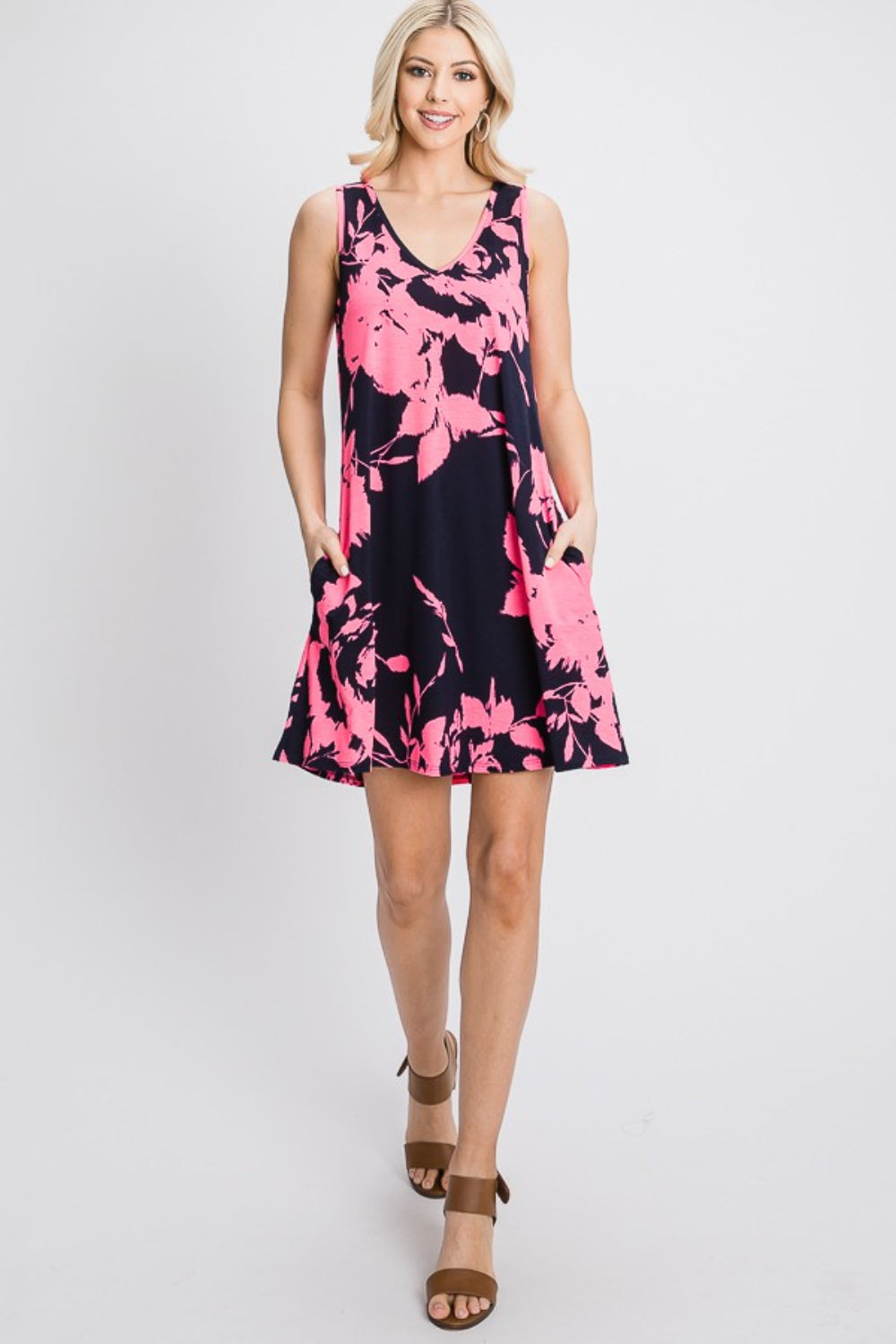 Heimish Full Size Floral V-Neck Tank Dress with Pockets Heimish Full Size Floral V-Neck Tank Dress with Pockets - TopFashionHQ