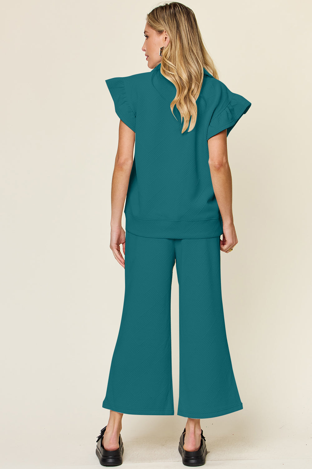 Double Take Texture Ruffle Short Sleeve Top and Drawstring Wide Leg Pants Set Double Take Texture Ruffle Short Sleeve Top and Drawstring Wide Leg Pants Set