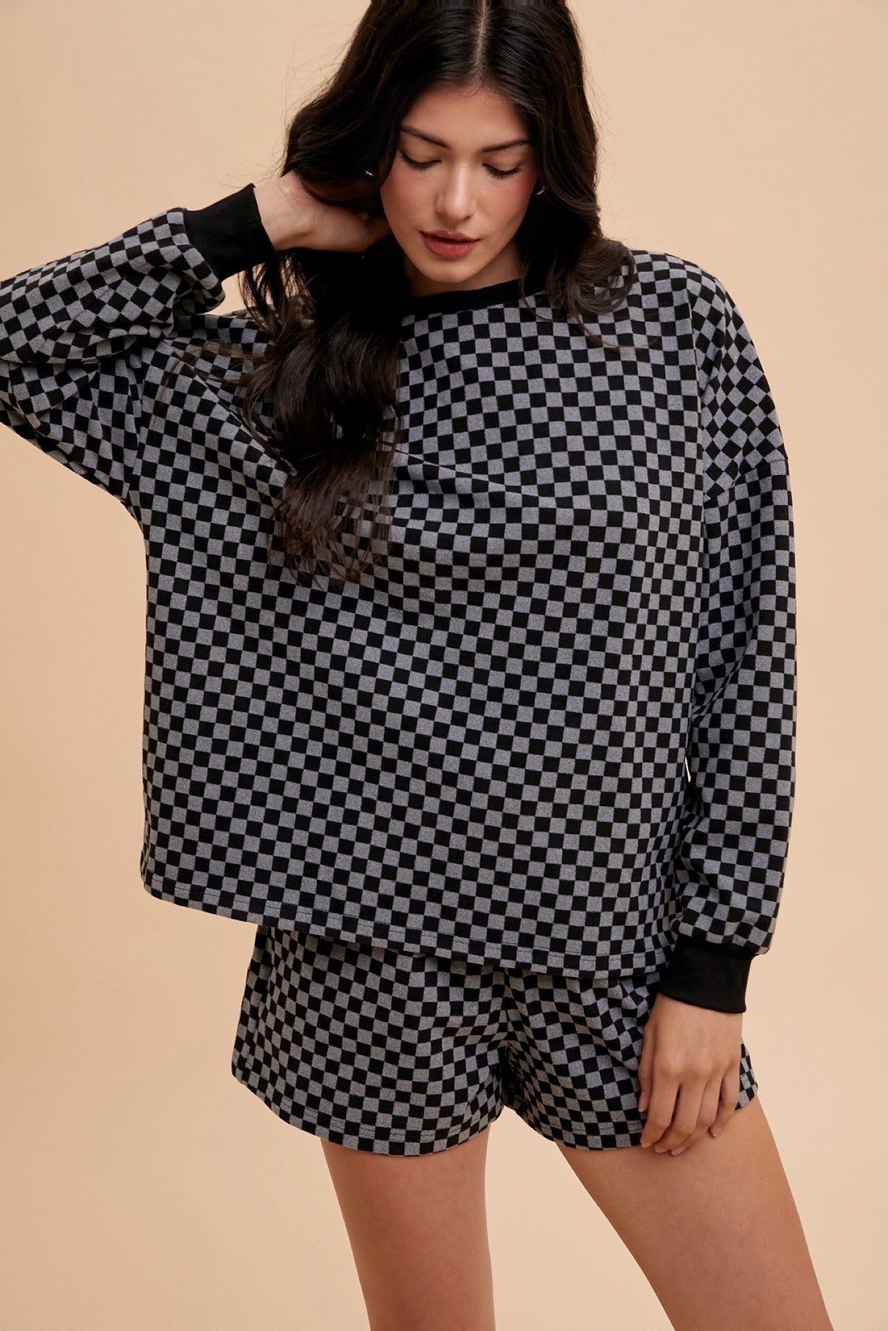 Annie Wear Checkered Round Neck Top and Drawstring Shorts Set Annie Wear Checkered Round Neck Top and Drawstring Shorts Set