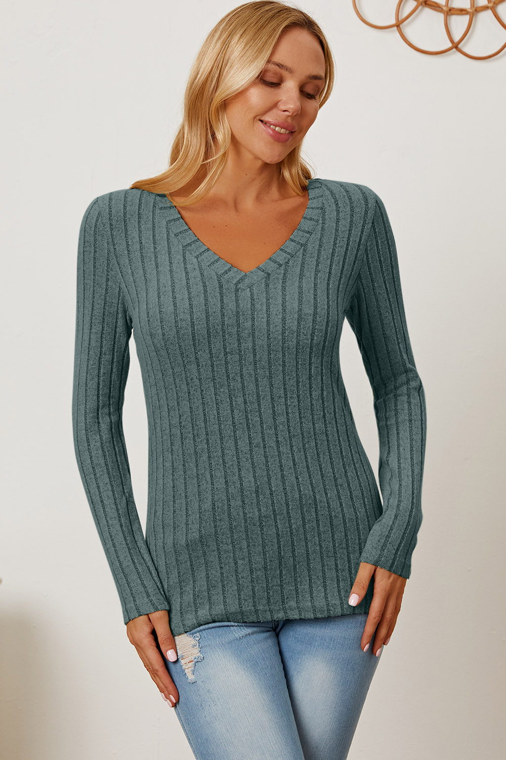Basic Bae Full Size Ribbed V-Neck Long Sleeve T-Shirt Basic Bae Full Size Ribbed V-Neck Long Sleeve T-Shirt - TopFashionHQ