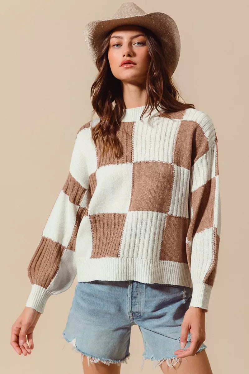 SO ME Ribbed Color Block Checkered Plaid Sweater 593e98ebaab94e00a608094c22fad631-Max-Origin