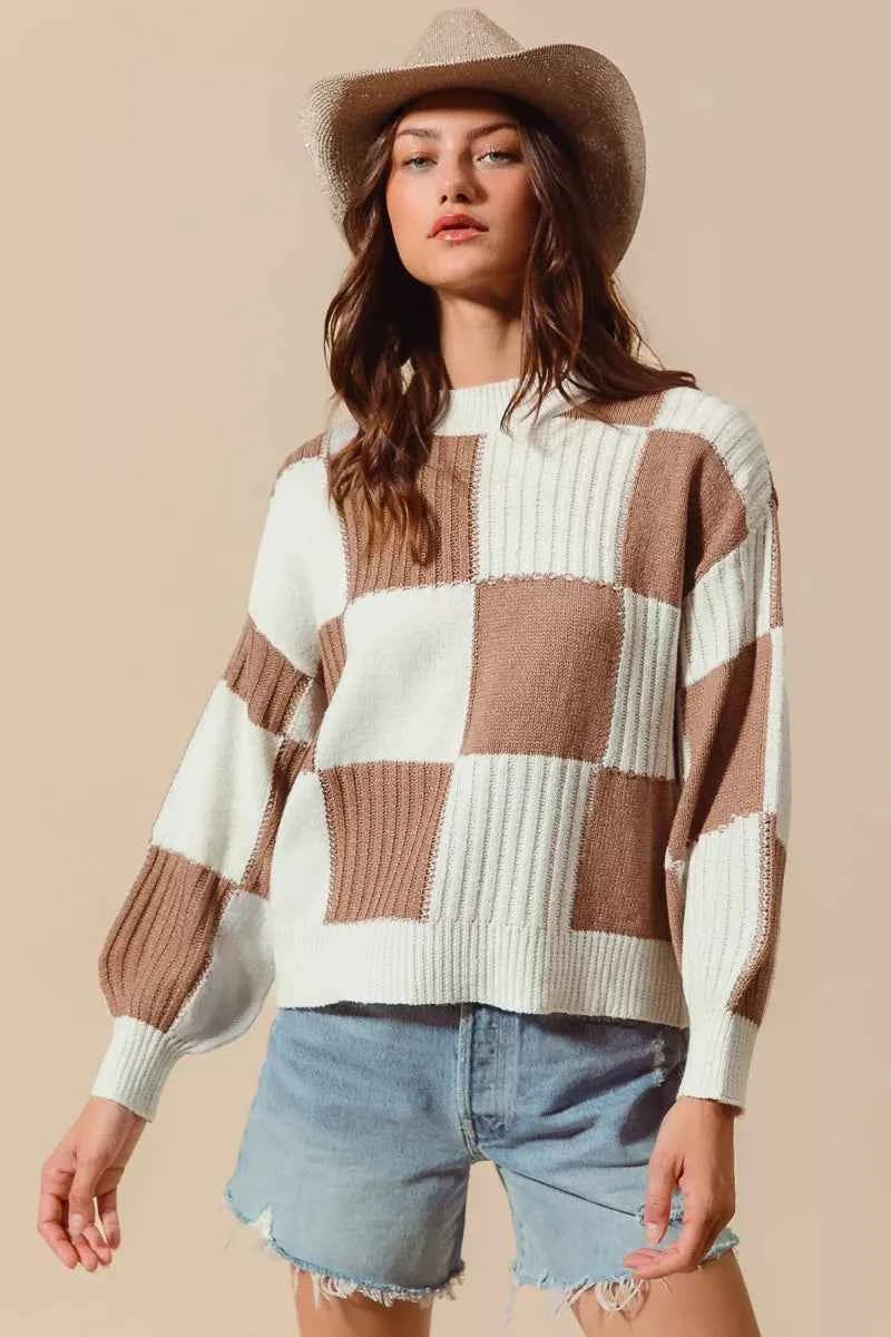 SO ME Ribbed Color Block Checkered Plaid Sweater SO ME Ribbed Color Block Checkered Plaid Sweater