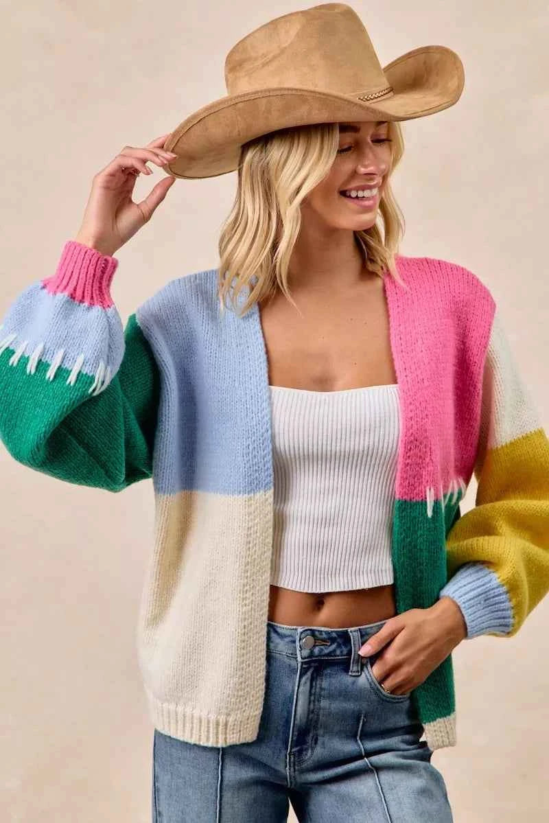 BiBi Color Block Open Front Sweater Cardigan BiBi Color Block Open Front Sweater Cardigan