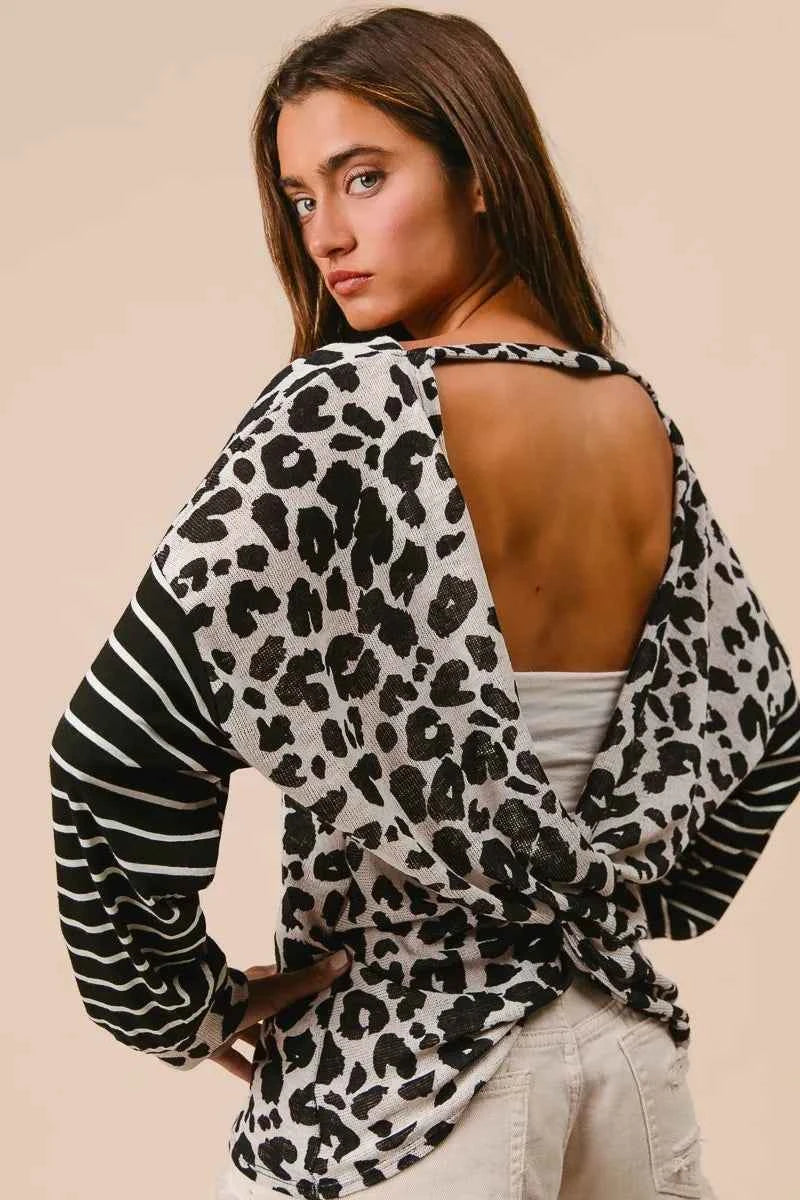 BiBi Leopard Hacci Knit Twist Back Top With Stripe Sleeve BiBi Leopard Hacci Knit Twist Back Top With Stripe Sleeve