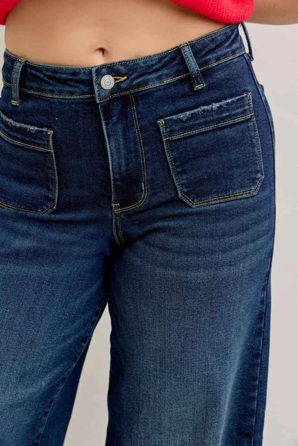 Judy Blue High Waist Palazzo Jeans with Front Patch Pockets Judy Blue High Waist Palazzo Jeans with Front Patch Pockets